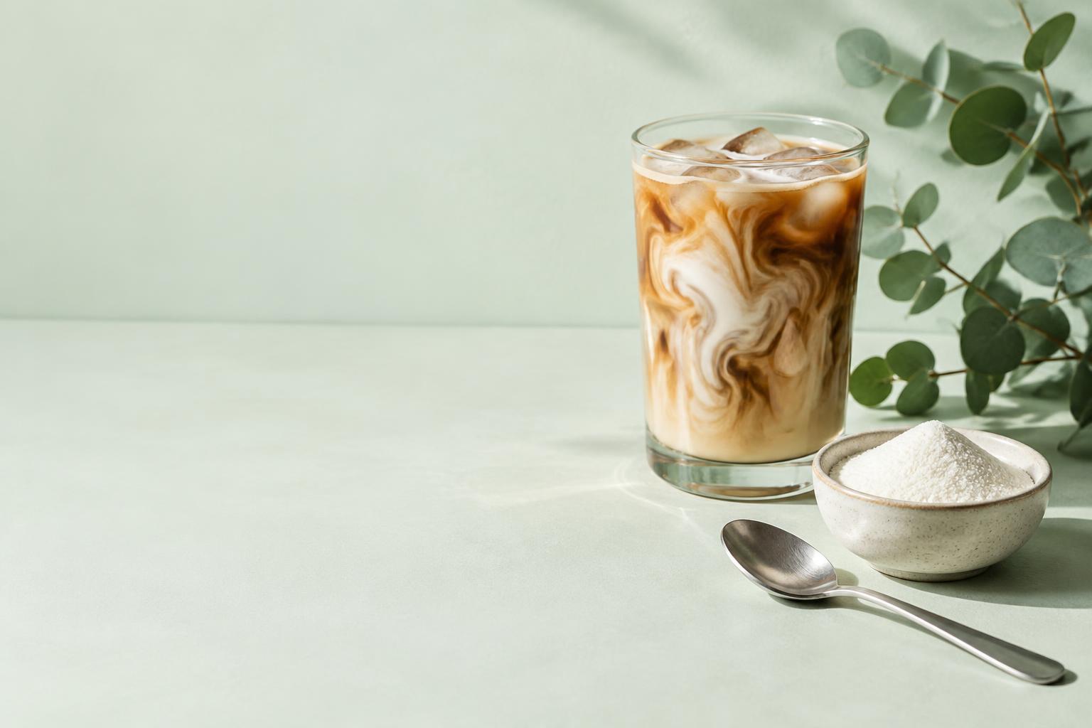Iced coffee, a bowl of collagen powder, and fresh greenery